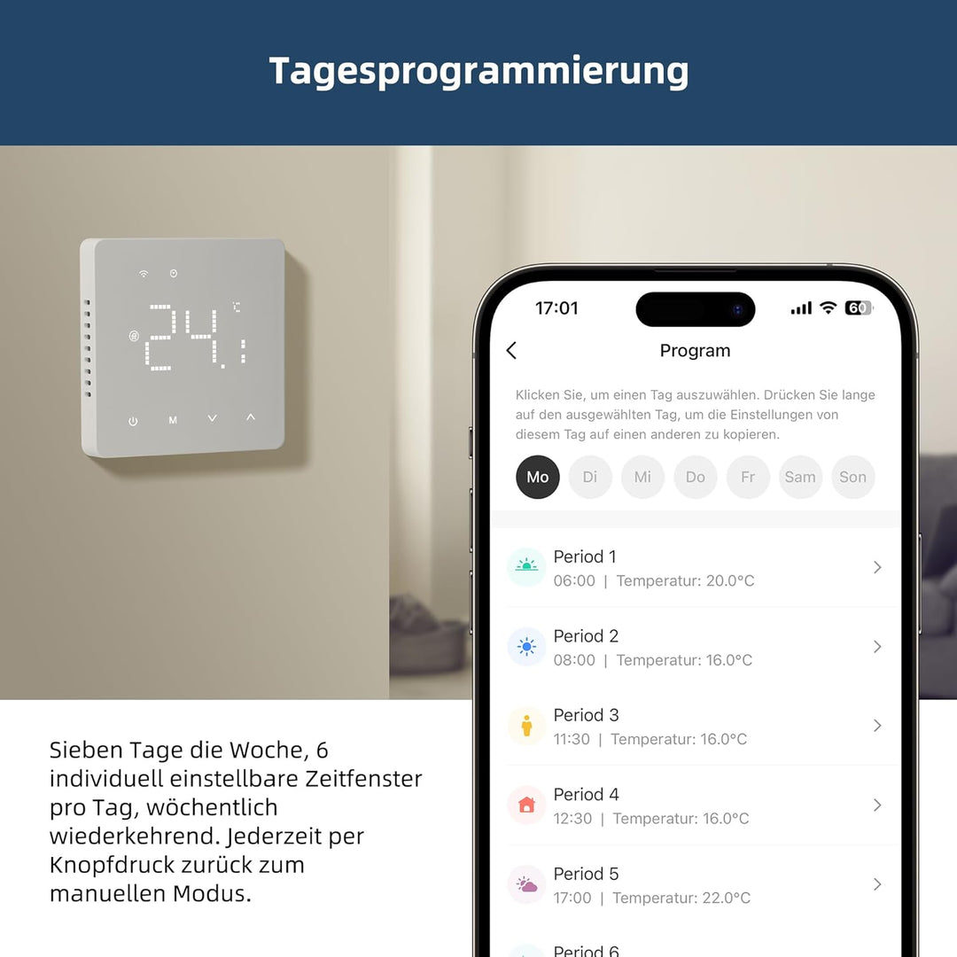 Beok Thermostat Fussbodenheizung Wasser, Raumthermostat Fussbodenheizung WiFi Digital, Tägliche Prog