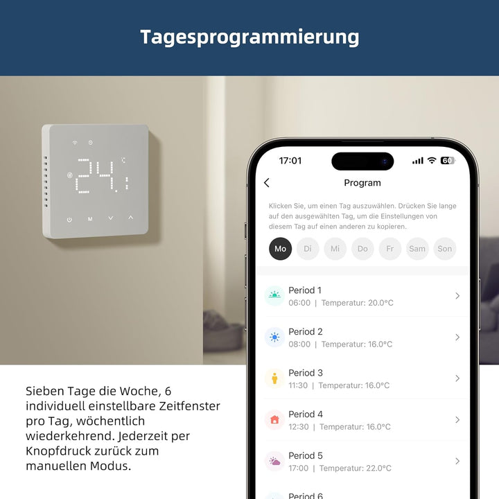 Beok Thermostat Fussbodenheizung Wasser, Raumthermostat Fussbodenheizung WiFi Digital, Tägliche Prog