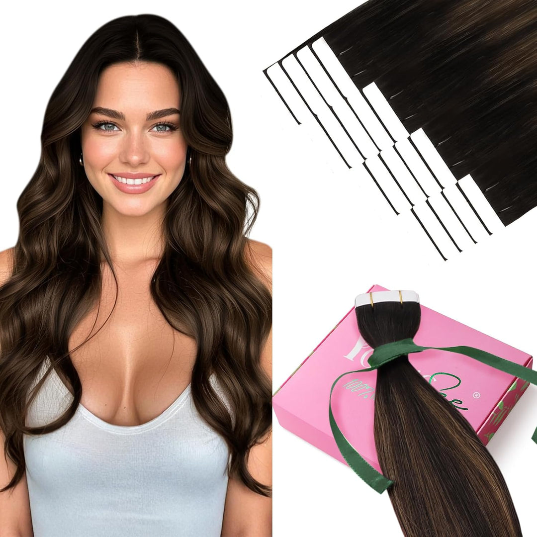 YoungSee Echthaar Extensions Tape Braun 60 cm Tape Extensions Echthaar Braun Ombre Echthaar Tape in