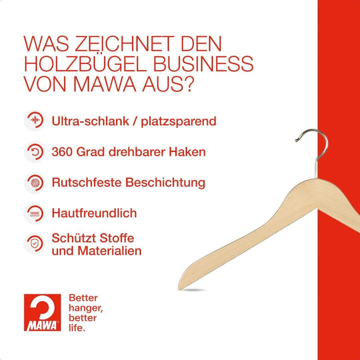 MAWA Kleiderbügel aus Holz, Set aus 10 platzsparende Kleiderbügel aus FSC®-zertifiziertem Buchenholz