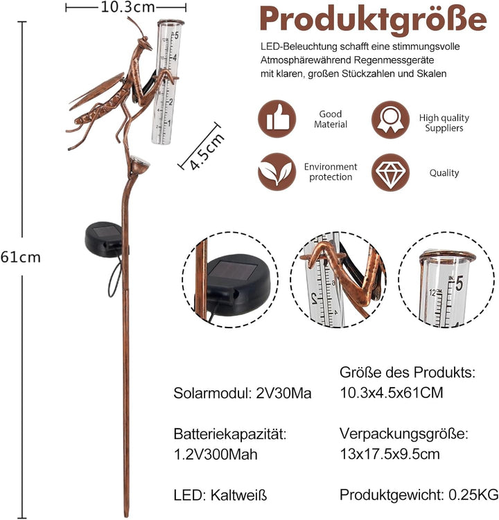 Solar Regenmesser für Garten mit Erdspiess und LED, Niederschlagsmesser Frostsicher Glas für Rasen,
