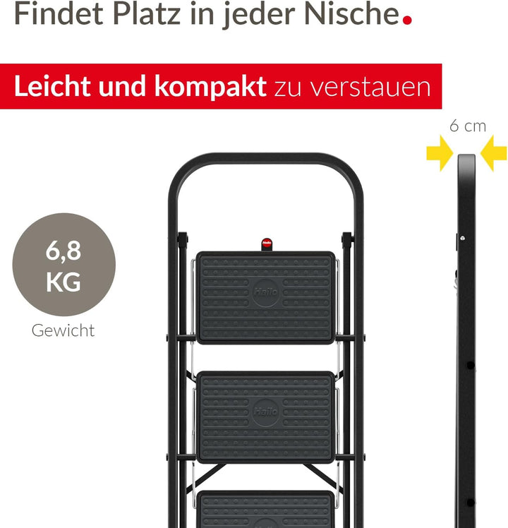 Hailo K44 StandardLine Klapptritt - 3-stufige Trittleiter aus Stahl mit grossen Stufen und Anti-Ruts