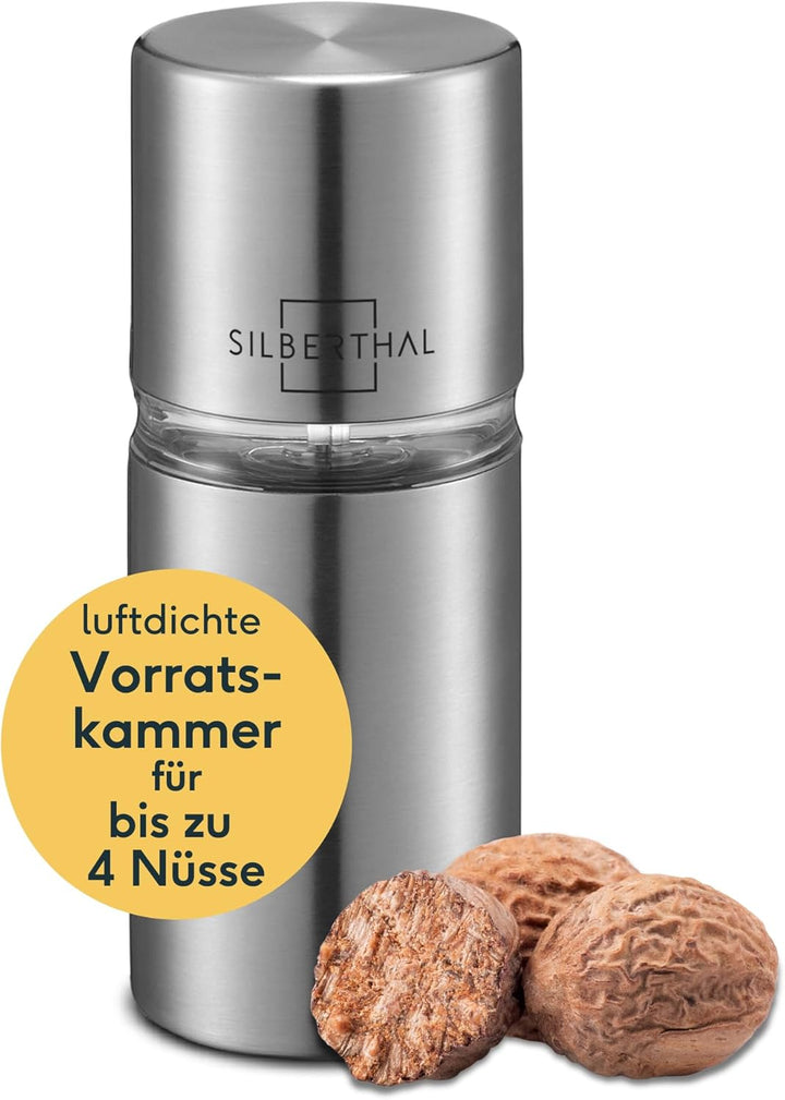 SILBERTHAL Muskatnuss Mühle für fein gemahlene Muskatnuss - Muskatreibe mit Aufbewahrung aus Edelsta