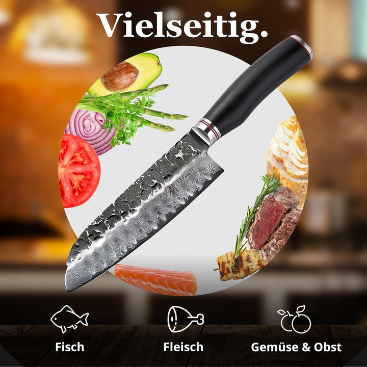 Wakoli EBO Santoku Messer aus echtem Damaststahl (VG10 Kern) 17,5 cm Klinge – Scharfes Damast Küchen