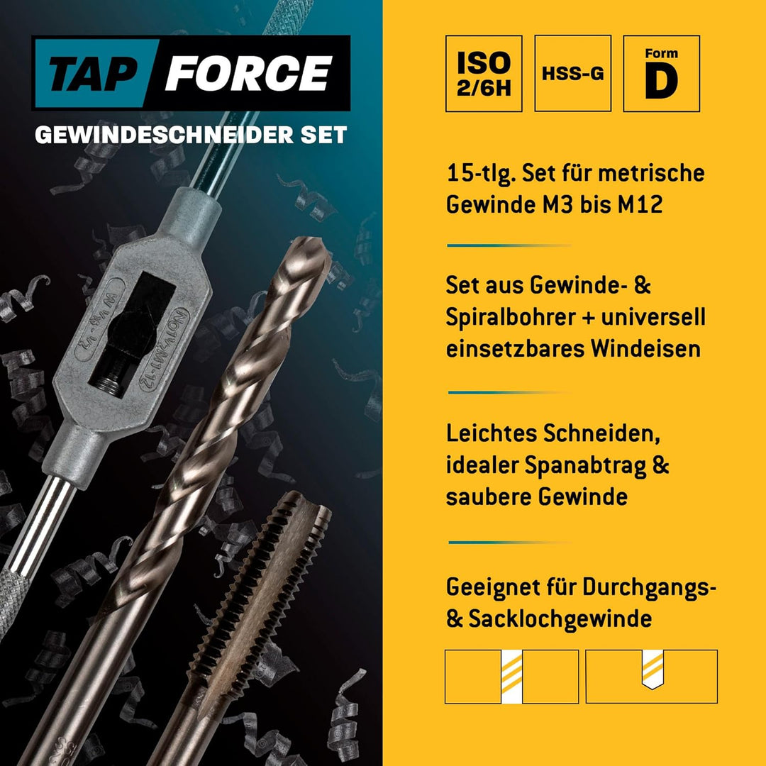 Gewindeschneider Set Metrisch, M3 - M12, 15tlg. HSS-G/Windeisen/Amboss Tap Force/Gewindeschneidsatz,