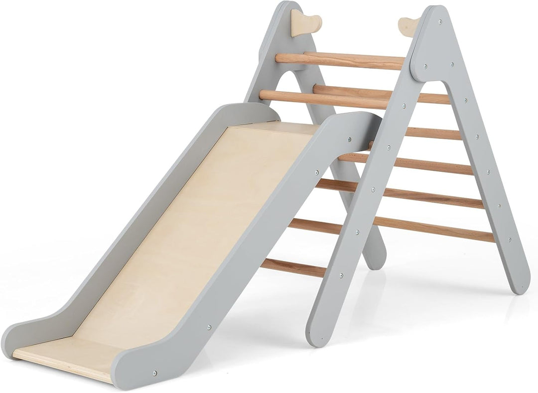 DREAMADE 2 in 1 Kletterdreieck mit Rutsche, Kletterspielzeug Holzdreieck Sprossendreieck Klettergerä