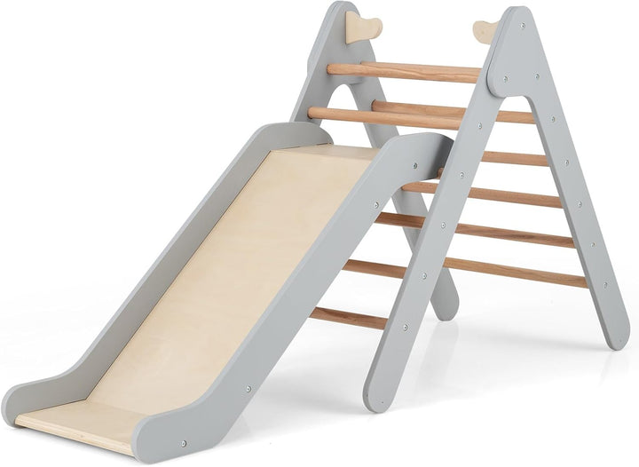 DREAMADE 2 in 1 Kletterdreieck mit Rutsche, Kletterspielzeug Holzdreieck Sprossendreieck Klettergerä