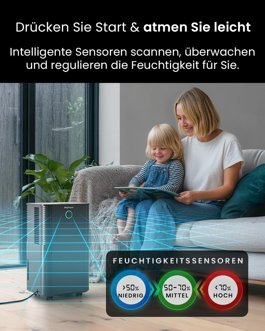 Pro Breeze Luftentfeuchter 12L in 24h Entfeuchtungsleistung - Luftentfeuchter elektrisch mit Feuchti