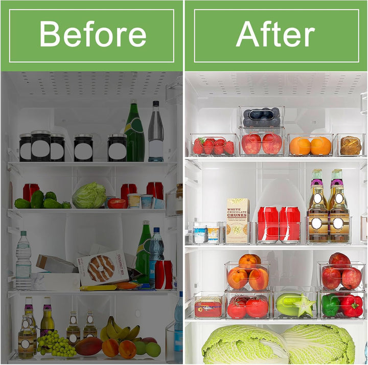 FINEW Kühlschrank Organizer 12er Set (4 Klein, 4 Mittel, 4 Gross), Stapelbar Kühlschrank Behälter, D