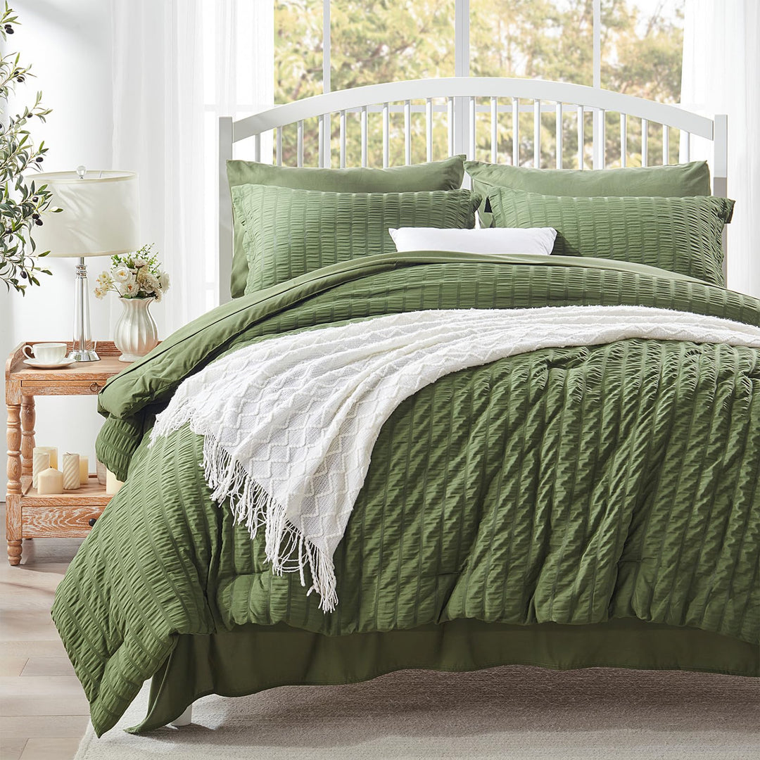 Zzlpp Queen-Bettwäsche-Set, 7-teilig, olivgrün, Seersucker-Bett in Einer Tasche mit Bettdecke und Be