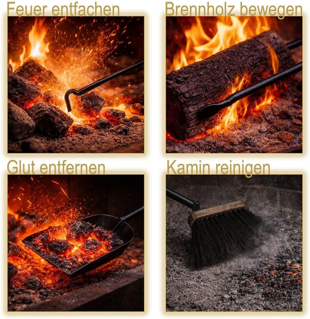 MS Beschläge Kaminbesteck Set 5-teilig Messing – Ofenbesteck modern mit geschlossenem Halter – Kamin