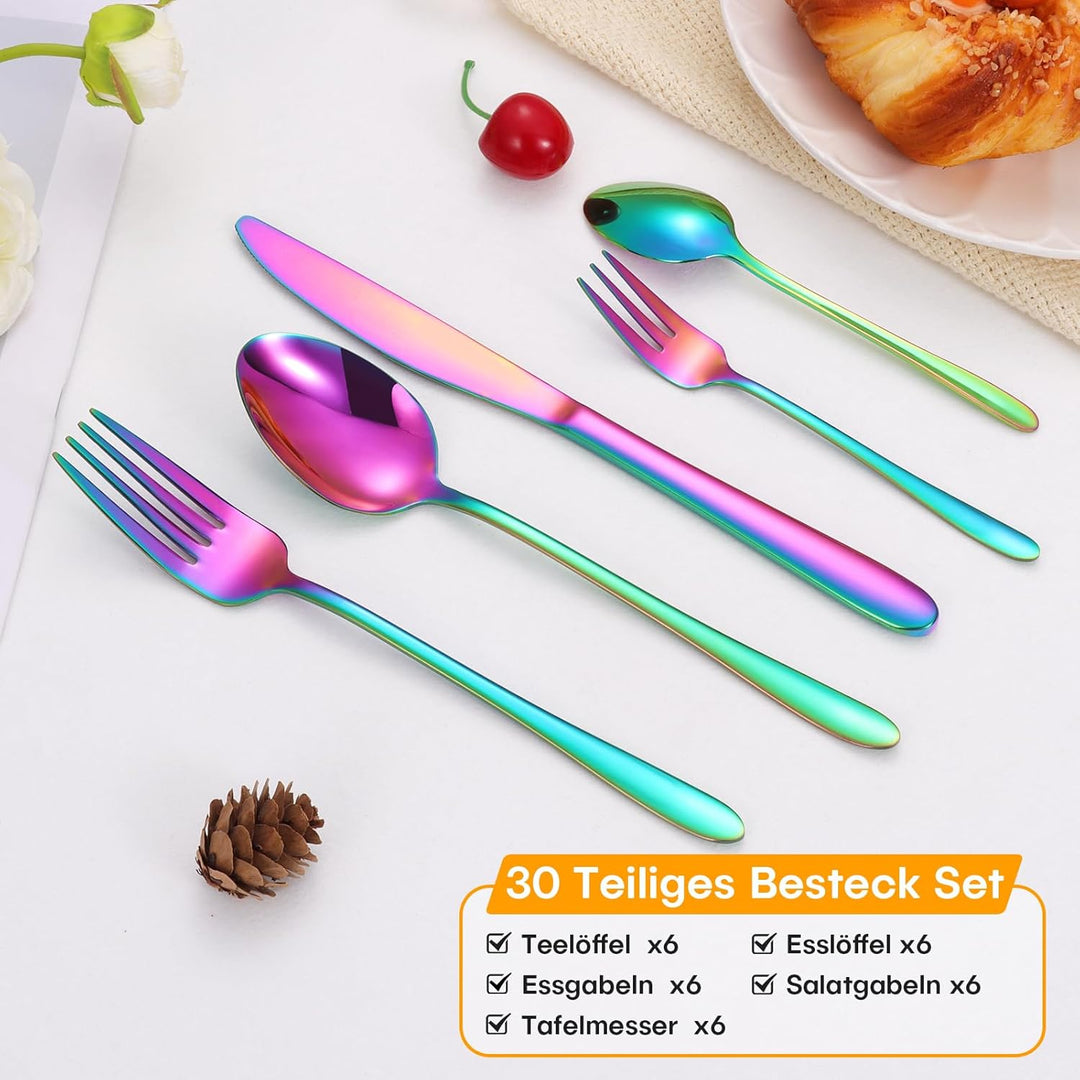 60 Teilig Besteck Set Regenbogen, Edelstahl Besteckset für 12 Personen, Essbesteck Set mit Abendesse