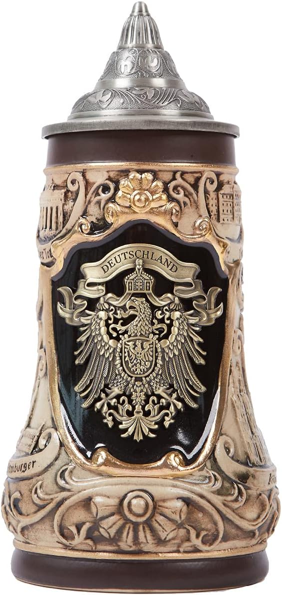 NENBOLEC Bierkrug mit Zinndeckel Bierseidel Steinkrug Gravur Deutsch Zinnwappen Beer Stein 0.9L
