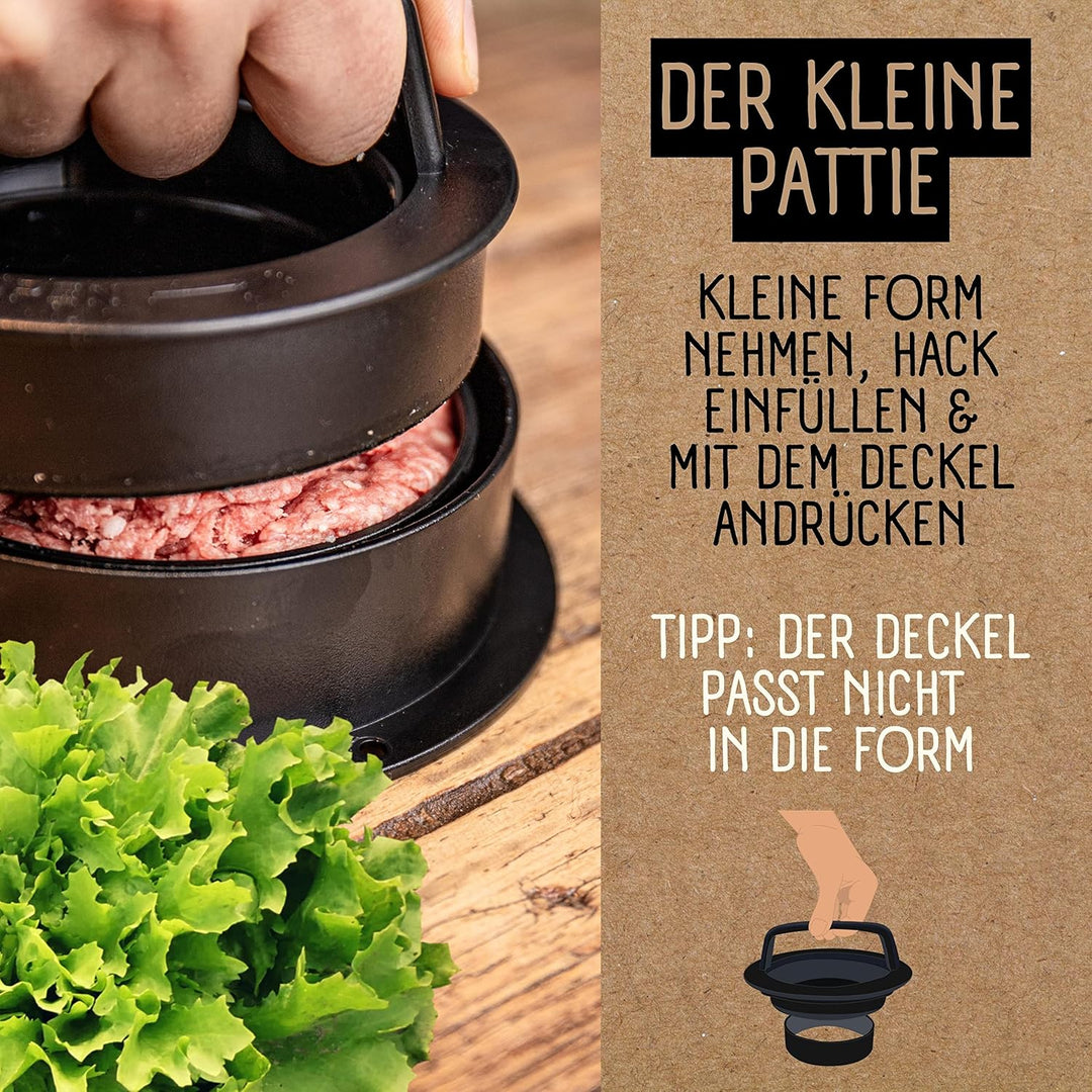 Burgerpresse mit 100 Blatt Burger Papier, 4 Patty Grössen inkl. Gefüllte Patties und XXL, Burger Pat