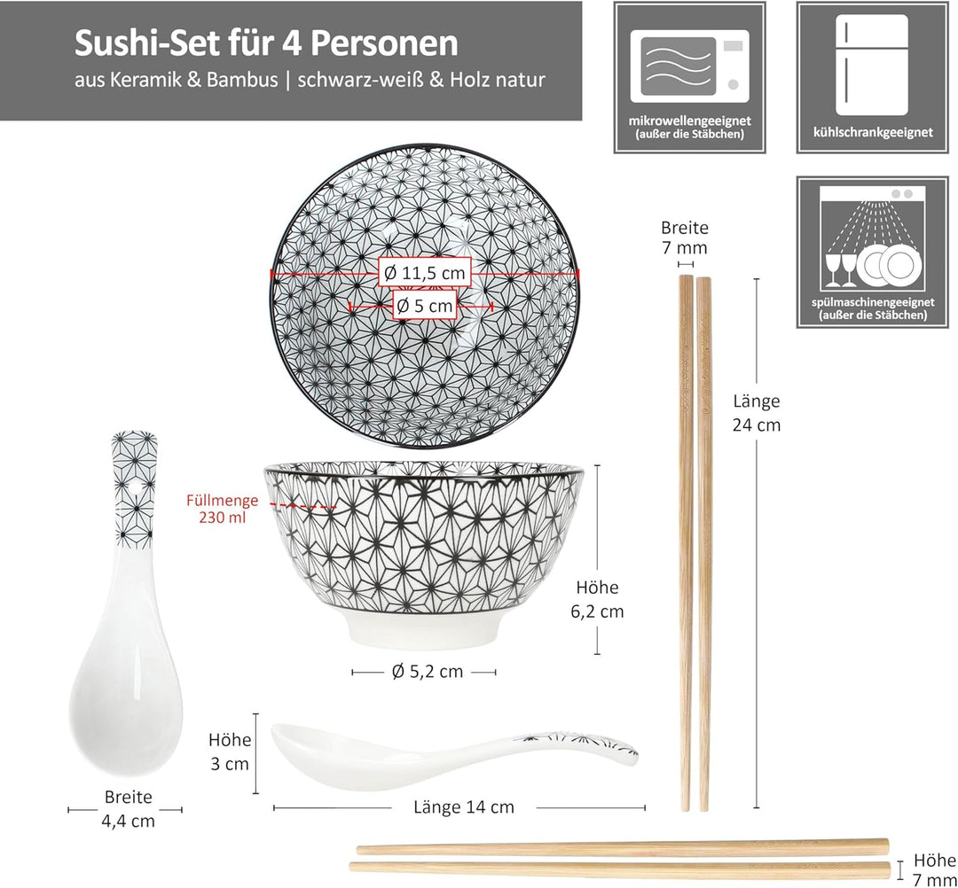 MamboCat Sushi Set für 4 Personen I asiatisches Geschirr Set aus Keramik &amp; Bambus I schwarz weiss I