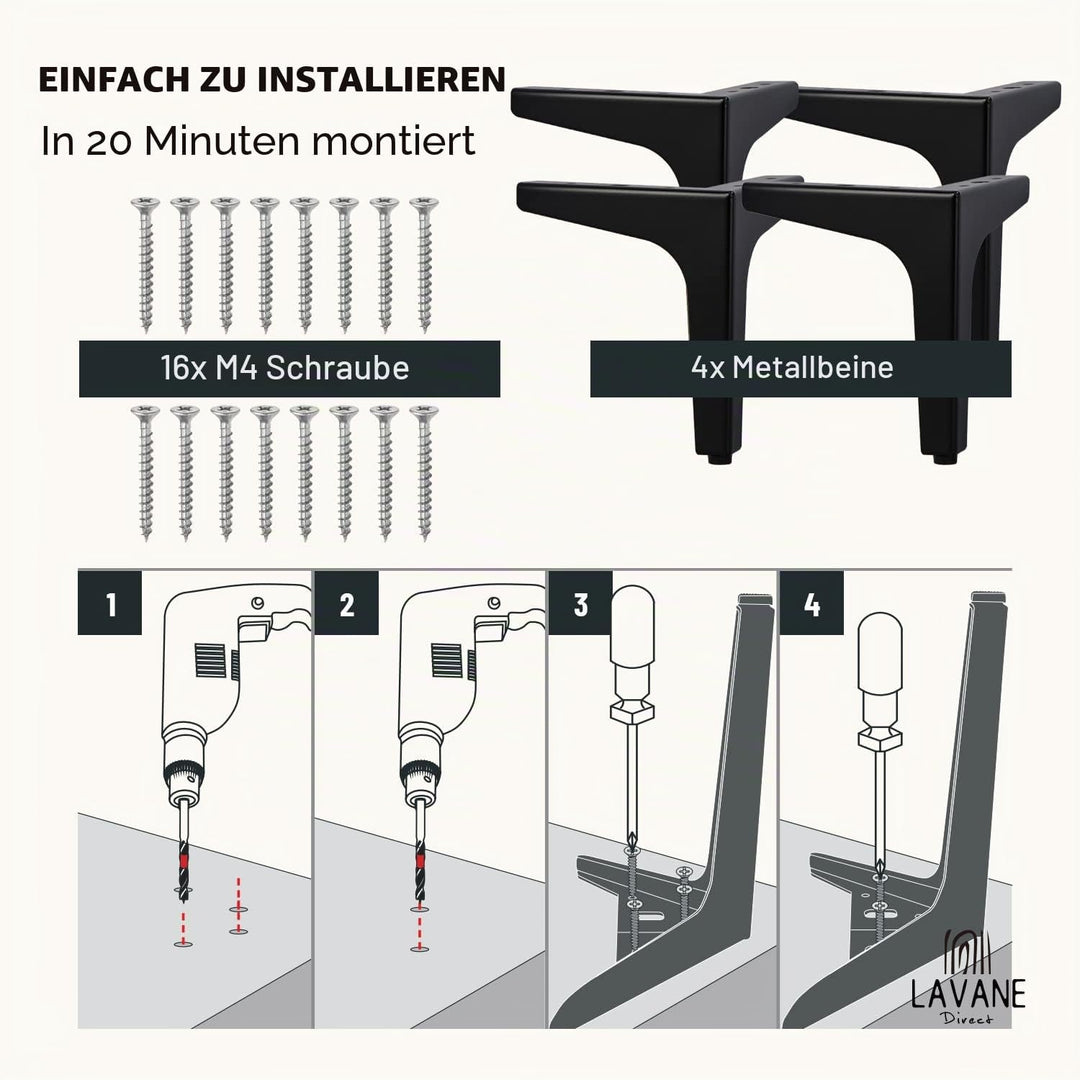 La Vane 4er Set Metall Möbelfüsse (17cm Höhe) Schwarz - Diamant-Dreieck Design für Schrank, Sofa, Co