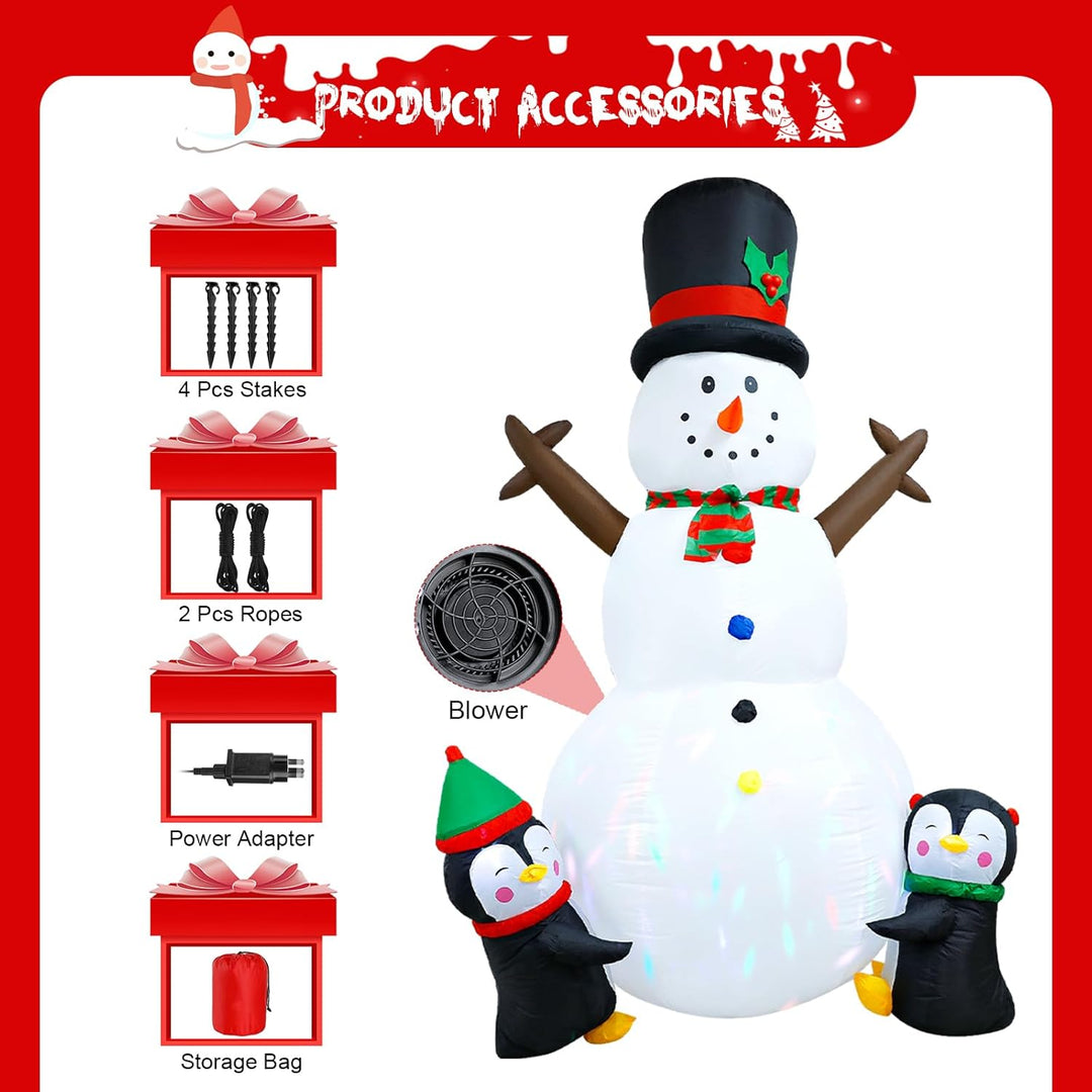 2,44m/8FT Aufblasbarer Schneemann mit 2 Pinguinen – LED Weihnachtsdeko Outdoor, Frosty Figur Beleuch