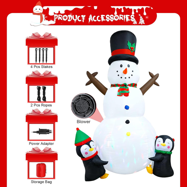 2,44m/8FT Aufblasbarer Schneemann mit 2 Pinguinen – LED Weihnachtsdeko Outdoor, Frosty Figur Beleuch