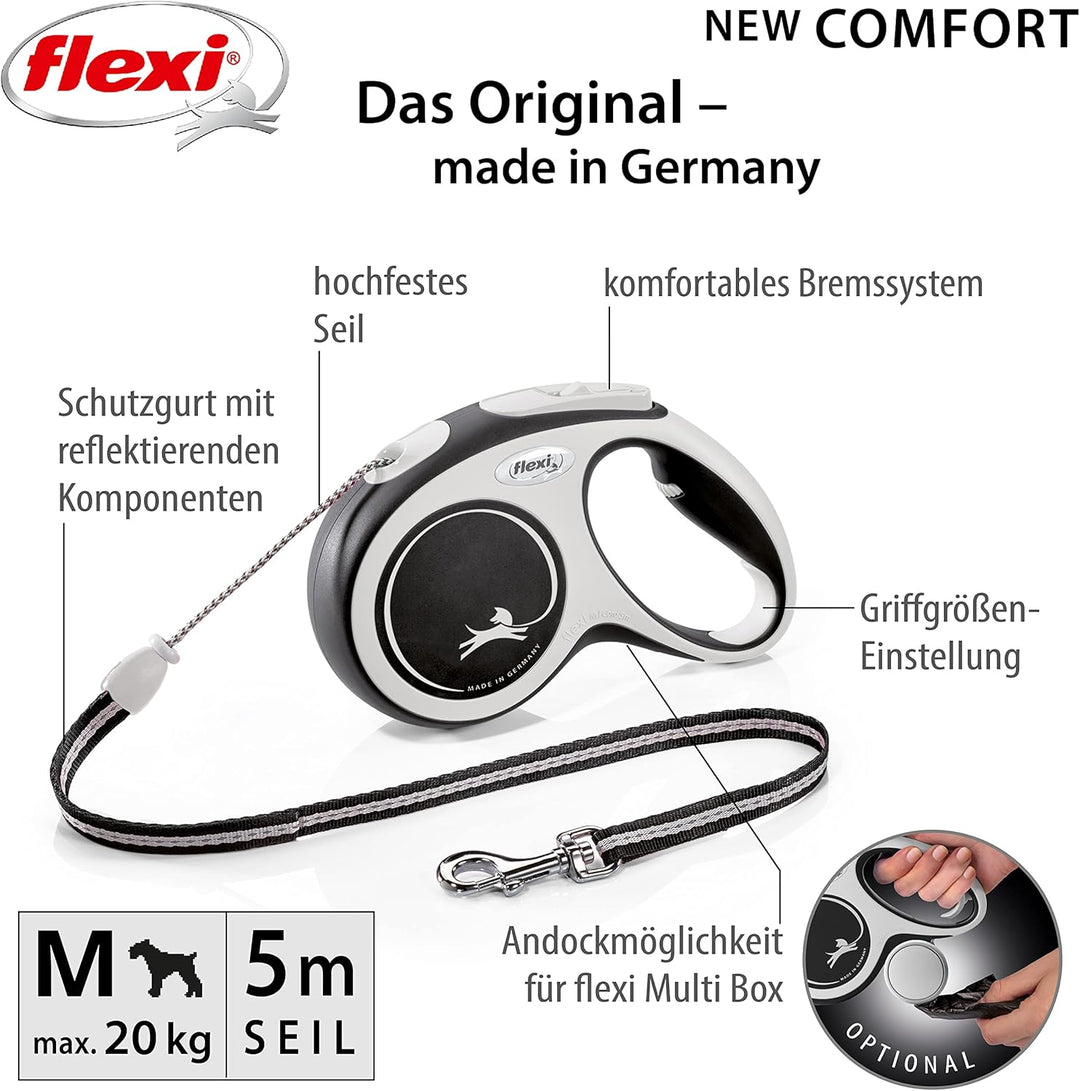 Flexi Leine New Comfort, Hundeleine Katzenleine Rollleine, Schwarz, M 20kg / 5m Seil Schwarz M 5m-20