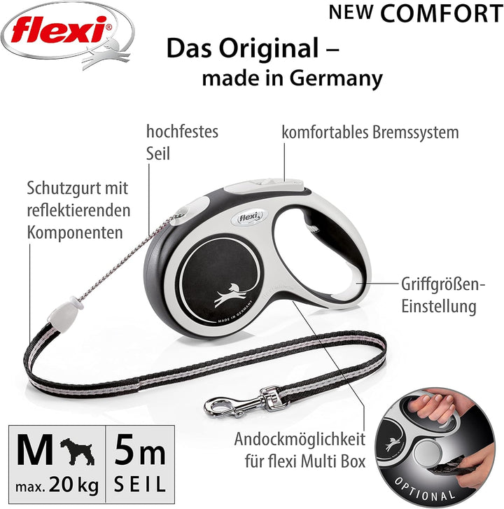 Flexi Leine New Comfort, Hundeleine Katzenleine Rollleine, Schwarz, M 20kg / 5m Seil Schwarz M 5m-20