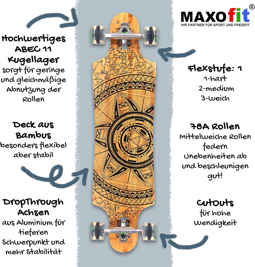 MAXOfit Longboard in verschiedenen Designs mit hochwertigen Ahorn/Bambus Decks für Anfänger und Fort