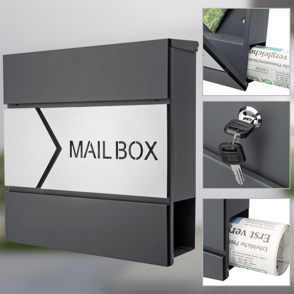 MONZANA® Design Briefkasten Stahl anthrazit mit Zeitungsfach 2 Schlüssel Zeitungsrolle Wandbriefkast