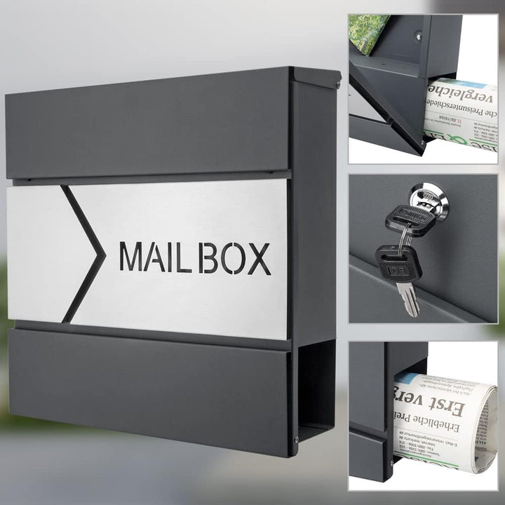 MONZANA® Design Briefkasten Stahl anthrazit mit Zeitungsfach 2 Schlüssel Zeitungsrolle Wandbriefkast