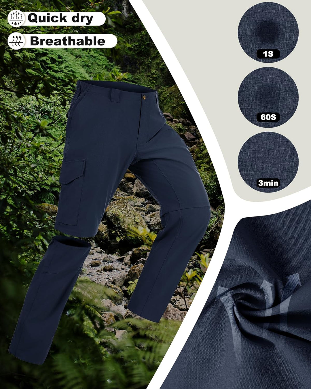 33,000ft Wanderhose Herren Zip Off Trekkinghose, Atmungsaktiv Abnehmbar Stretch Outdoorhose mit 6 Ta