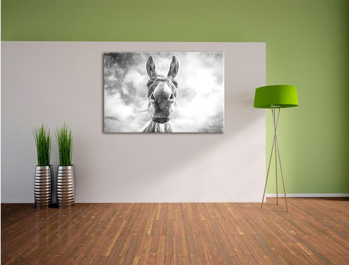 Pixxprint Lustiger Esel Kunst Kohle Effekt, Format: 100x70 auf Leinwand, 100x70