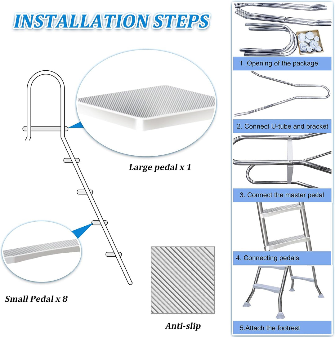 4-stufige Leiter für Aufstellpools, Pooltreppe aus Edelstahl 304 mit doppelten Handläufen, rutschfes