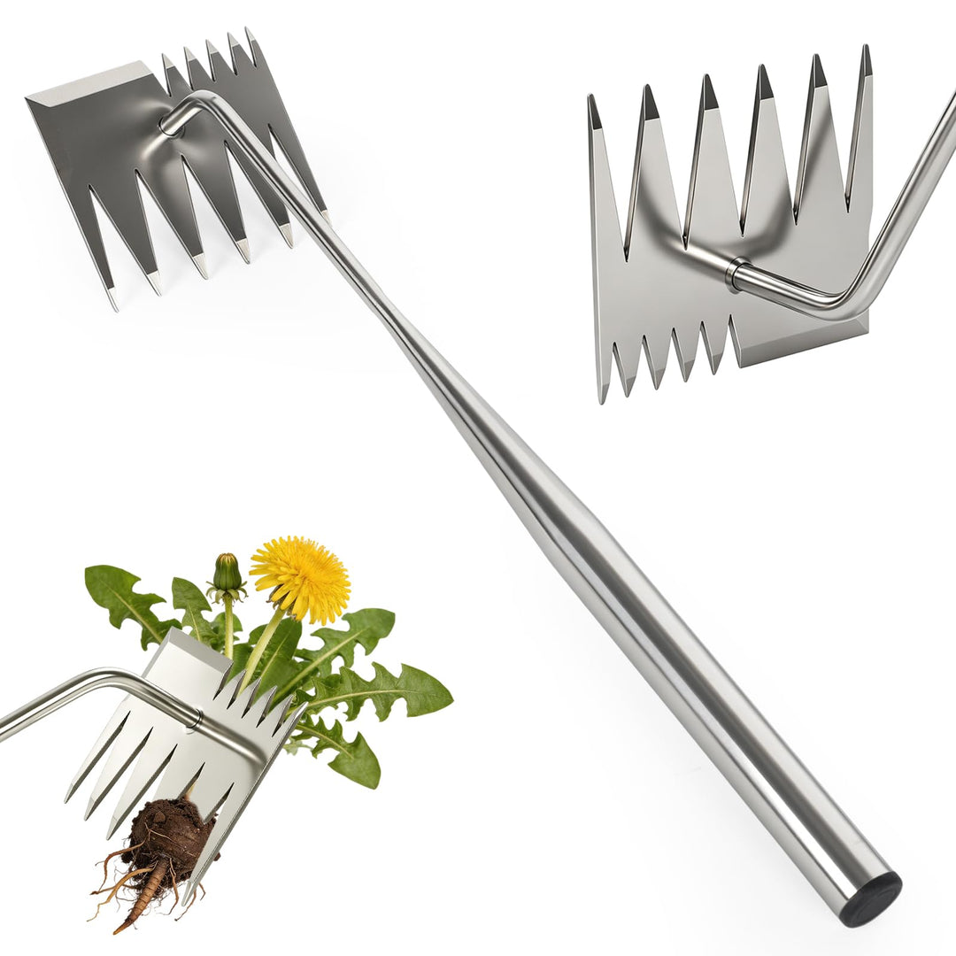 Unkrautentferner, 2-in-1 Unkrautjäter mit langem Stiel, Unkrautrechen und Gartenhacke, Effiziente Un