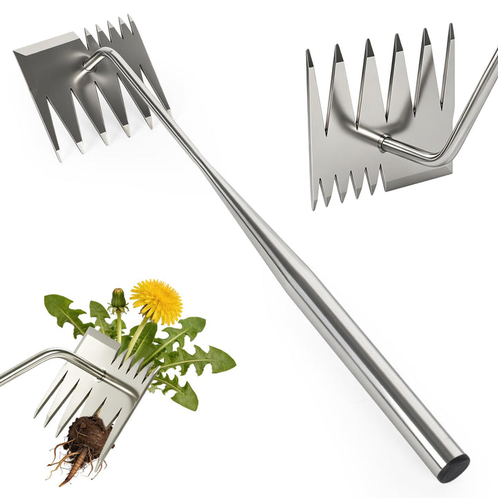 Unkrautentferner, 2-in-1 Unkrautjäter mit langem Stiel, Unkrautrechen und Gartenhacke, Effiziente Un
