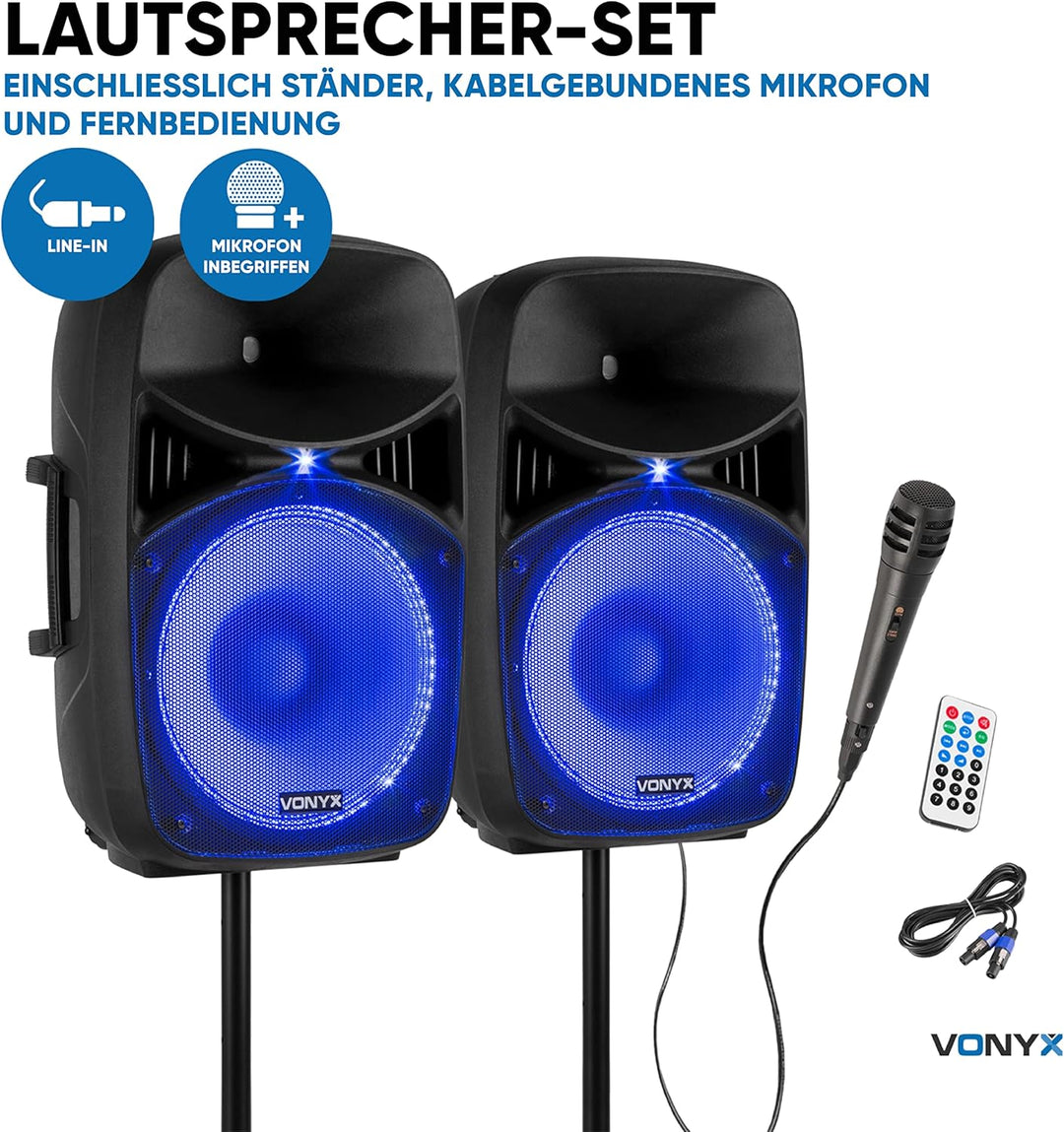 Vonyx VPS152A, PA Lautsprecher Set mit Ständer und Mikrofon, 1000 Watt PA Anlage Komplettset, 15 Zol