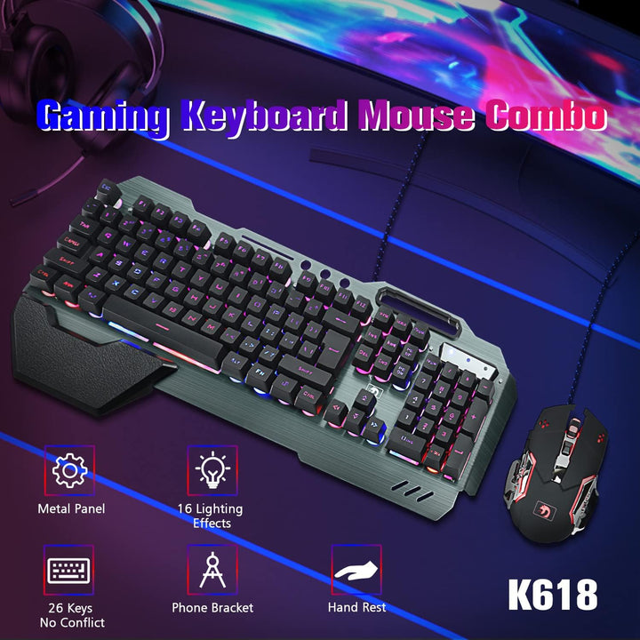 Gaming-Tastatur und Maus-Kombination, graue Metalllegierung,16 LEDs RGB-Hintergrundbeleuchtung, kabe