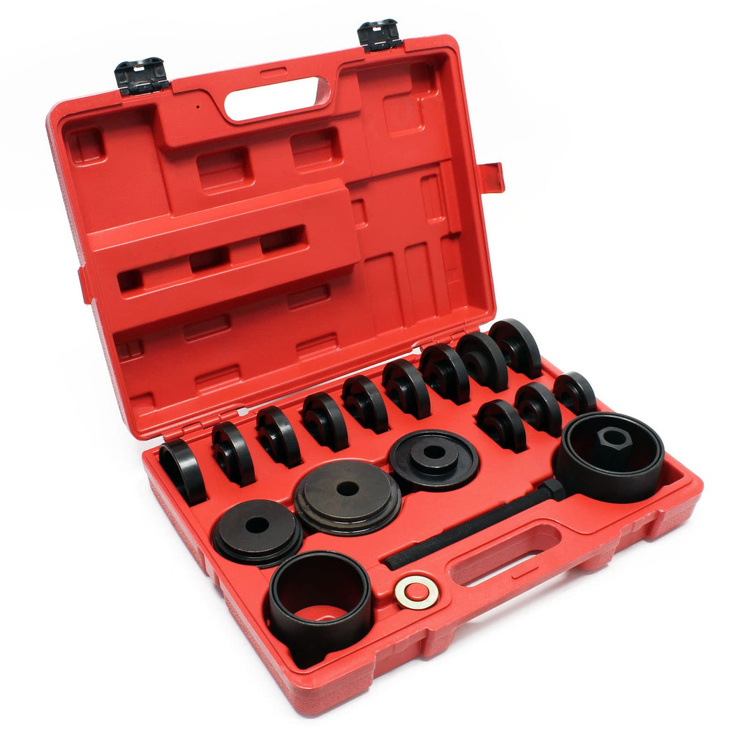 Wiltec Radlager Werkzeug Satz 24 teilig, Druckplatten 55-88 mm, Abziehglocken, Gewindespindel, Radla