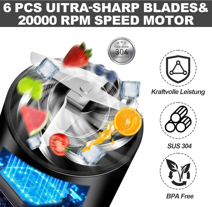 Tragbarer Mixer für Smoothies und Shakes, 400ml Mini Smoothie Maker To Go mit 6 Klingen aus Edelstah