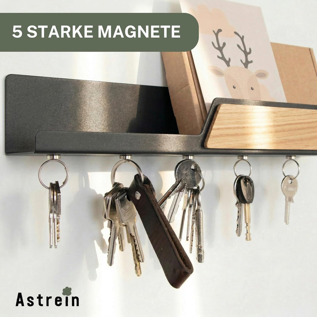Astrein® | Schlüsselbrett Magnetisch | Schlüsselboard aus Holz | Eiche | Schlüsselhalter mit Ablage