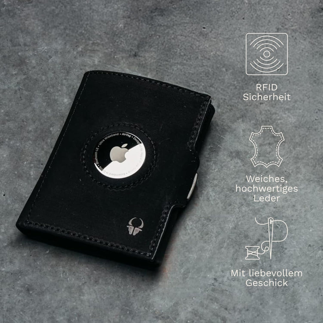 DONBOLSO Wallet mit Airtag - Mini Portemonnaie Vintage-Schwarz mit Münzfach für 15 Karten, RFID-Schu