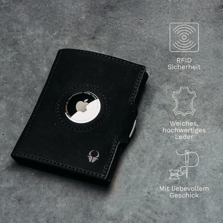 DONBOLSO Wallet mit Airtag - Mini Portemonnaie Vintage-Schwarz mit Münzfach für 15 Karten, RFID-Schu