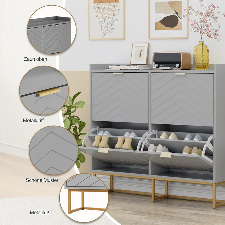 UEV Schuhschrank mit 4 Klappen Schmal,Freistehendes Schuhregal mit Kippschutz, Schuhkommode mit vers