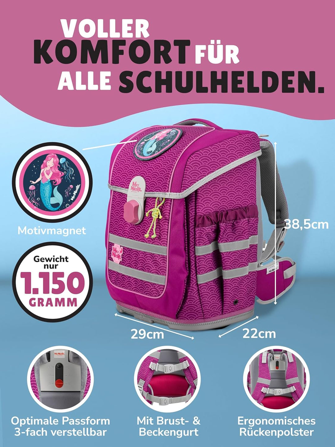 Familando - McNeill ERGO COMPLETE Schulranzen Set - 8-teilig mit Lunch-Set - Meerjungfrau - Ergonomi