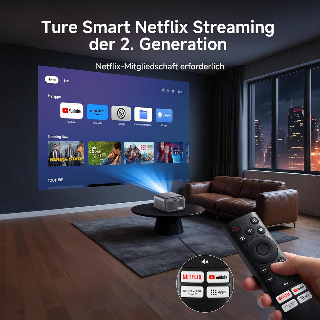 4K Beamer kompatibel mit Netflix & 36W Kino Sound | iSinbox Smart Beamer 1500 ANSI, HDR10+, Autofoku