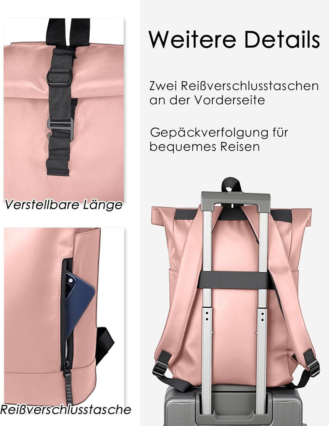 Rolltop Rucksack Damen Wasserdicht Klein Laptop Rucksack mit Computerfach 16 Zoll Elegant Reiserucks