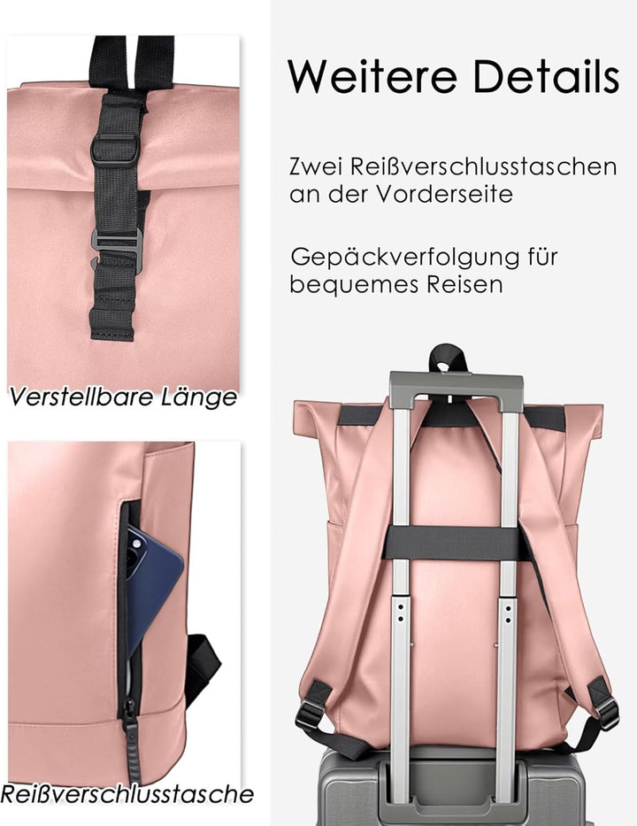 Rolltop Rucksack Damen Wasserdicht Klein Laptop Rucksack mit Computerfach 16 Zoll Elegant Reiserucks