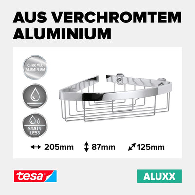 tesa ALUXX Eck-Duschablage, Aluminium, verchromt, garantiert rostfrei, inkl. Klebelösung, 238 mm x 2