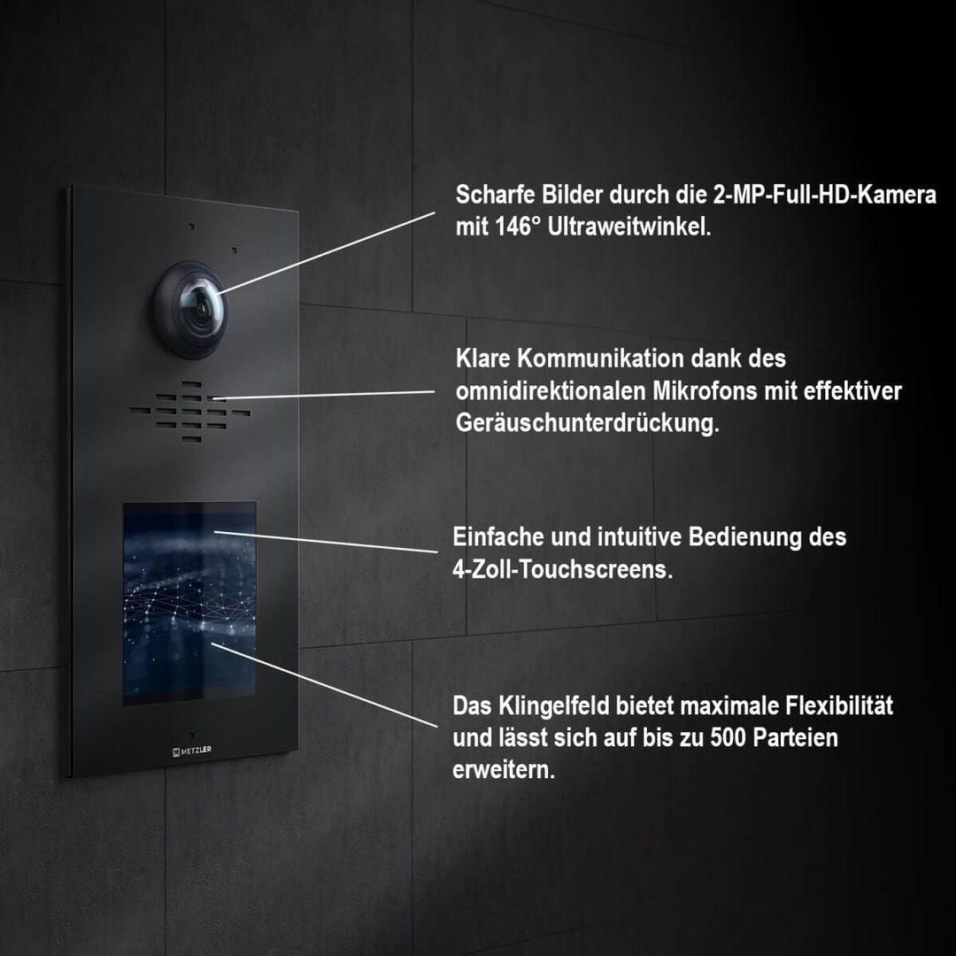 Metzler® Video-Türsprechanlage mit HD-Kamera und IPS-Touchdisplay in Tiefschwarz RAL 9005, 146° Weit