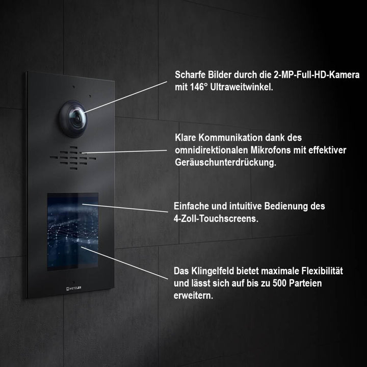 Metzler® Video-Türsprechanlage mit HD-Kamera und IPS-Touchdisplay in Tiefschwarz RAL 9005, 146° Weit