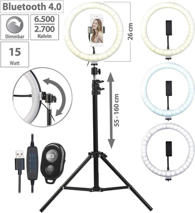 Somikon Handy Stativ mit Licht: LED-Ringlicht, Handy-Halter, Stativ, Fernauslöser, Ø 10" / 25 cm (Li