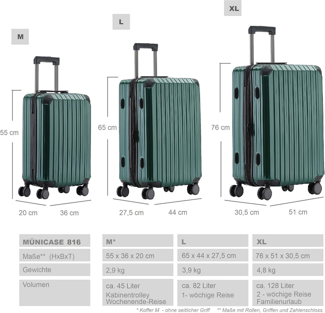 Münicase M816 TSA-Schloss Koffer Reisekoffer Trolley Kofferset Hardschale Boardcase (Dunkelgreen, Gr