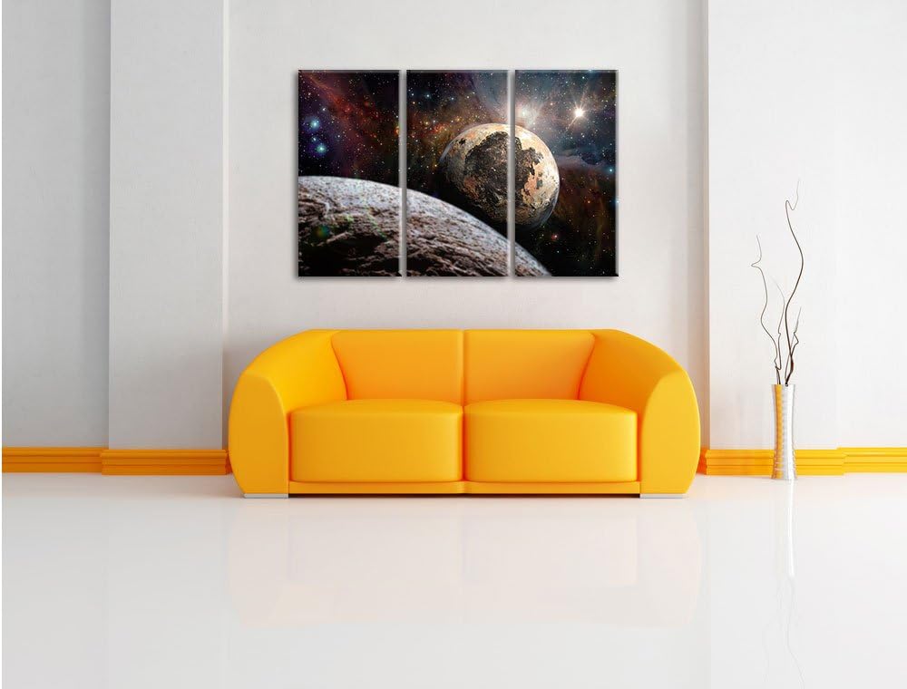 Pixxprint Alien Planeten im Weltall / 3-Teilig/Gesamtmass 120cm Leinwandbild bespannt auf Holzrahmen